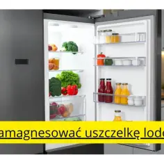Otwarta lodówka pełna świeżych warzyw i napojów. Pod spodem żółty pasek z tekstem: "Jak namagnesować uszczelkę lodówki?".
