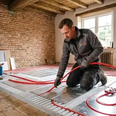 Instalator układa rury ogrzewania podłogowego, uwzględniając rozszerzalność cieplną materiałów.