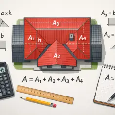 Ilustracja pokazuje, jak obliczyć powierzchnię dachu, dzieląc go na prostokąty i trójkąty. Obok domu widnieją wzory matematyczne.