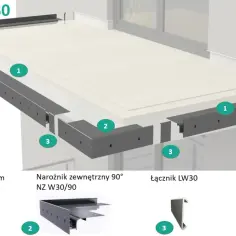 System obróbki blacharskiej balkonu Renoplast W30. Cena robocizny zależy od złożoności montażu profili, narożników i odbojników.