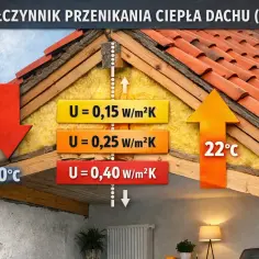 Przekrój dachu ilustruje współczynnik przenikania ciepła (U). Różne wartości U (0,15, 0,25, 0,40 W/m²K) pokazują izolację termiczną.