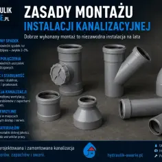 Szare rury kanalizacyjne i kształtki, w tym kolana i trójniki, prezentują zasady montażu instalacji. Kluczowe jest szczelne połączenie kielichowe.