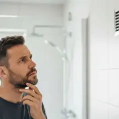Mężczyzna zastanawia się, jak wyczyścić wentylator łazienkowy. W tle widać prysznic.