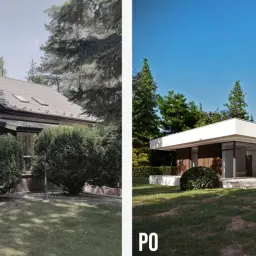 Przed i po: metamorfoza starego domu w nowoczesną willę z kamienia i drewna, otoczoną zielenią.