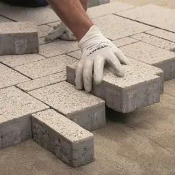 Układanie kostki brukowej to pierwszy krok, jak zrobić podjazd dla wózków. Rękawiczki chronią dłonie podczas pracy.