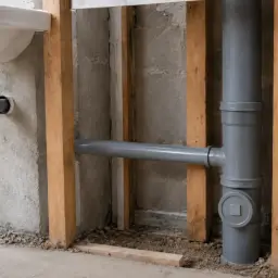 Instalacja hydrauliczna w łazience: syfon pod umywalką i pion kanalizacyjny z przyłączem do toalety. Rury SDR11 w trakcie montażu.