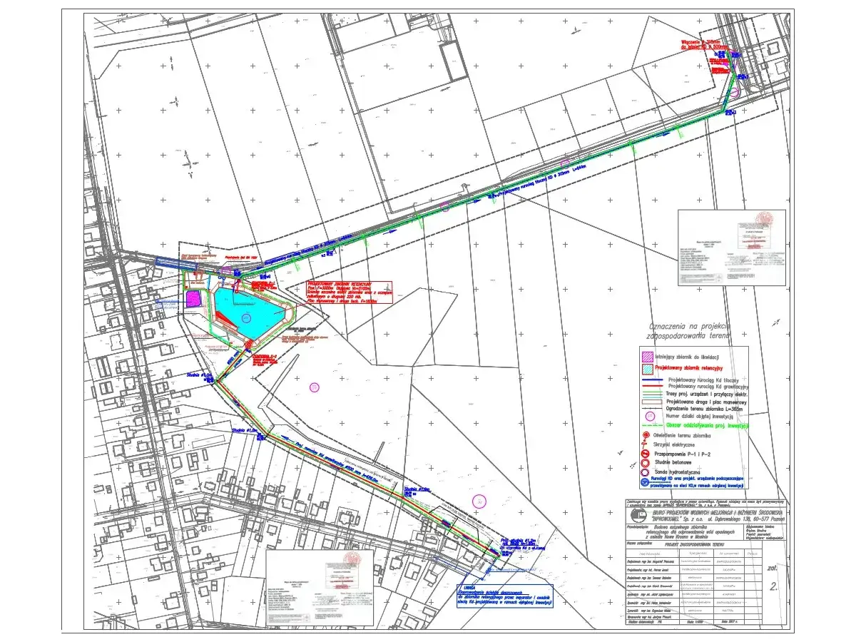 Mapa projektowa z zaznaczonym zbiornikiem retencyjnym. Czy zbiornik na deszczówkę wymaga zgłoszenia? Projekt obejmuje infrastrukturę wodną i drogową.