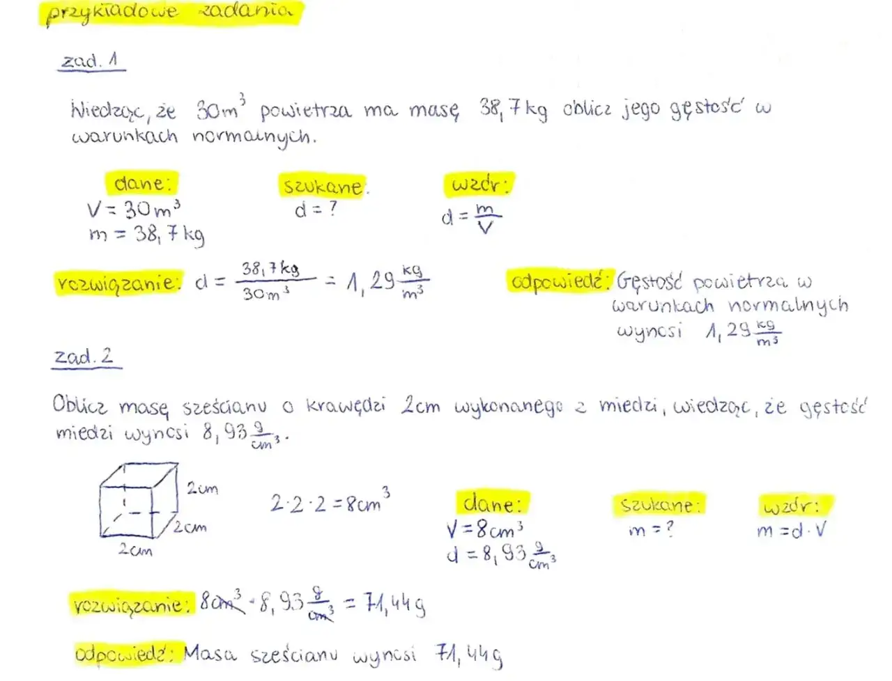 Zadanie 1: Obliczanie gęstości powietrza. Zadanie 2: Obliczanie masy sześcianu z miedzi, gdzie masa poliuretanowa nie występuje.