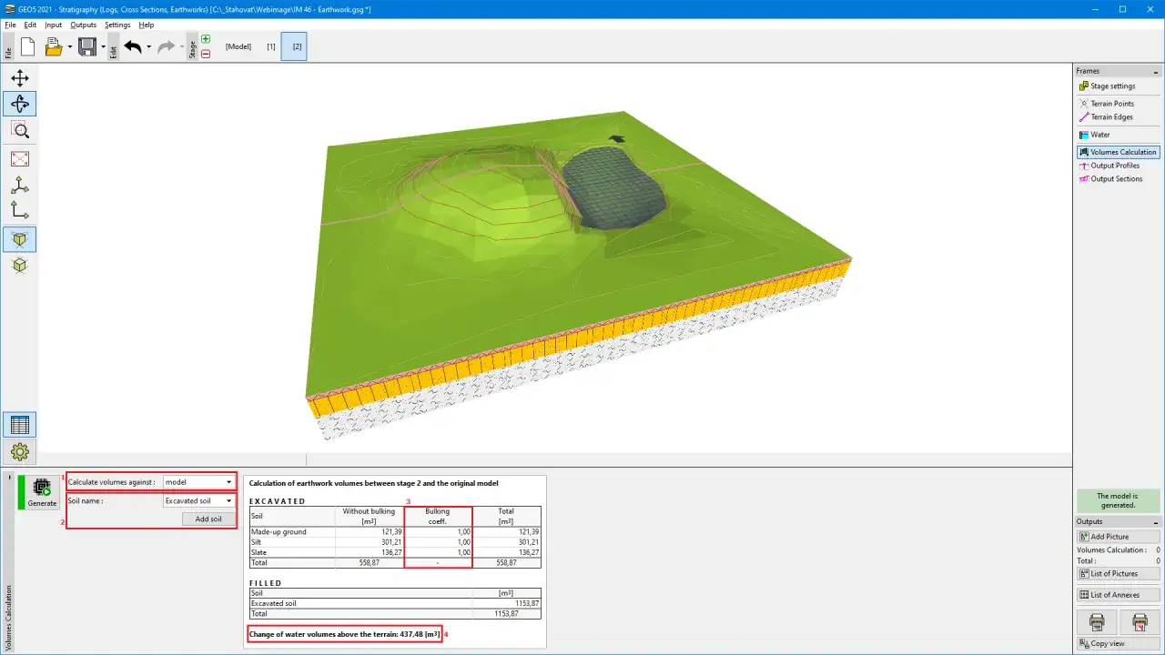 Jak obliczyć metry sześcienne? Program GEO5 pokazuje model terenu i tabelę z obliczeniami objętości ziemi, uwzględniając różne rodzaje gruntu.