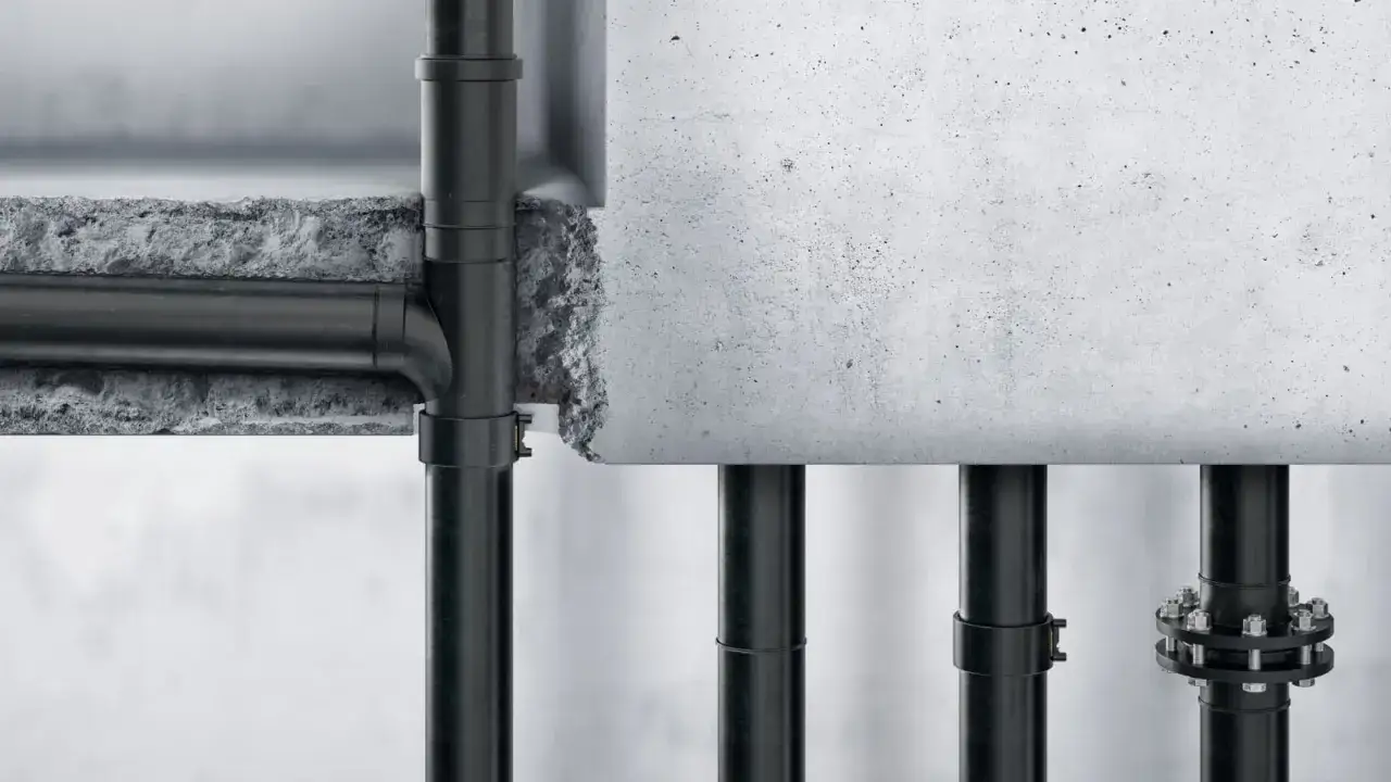 Czarne rury przechodzą przez betonową konstrukcję. Widoczna jest mufa elektrooporowa, łącząca elementy instalacji.