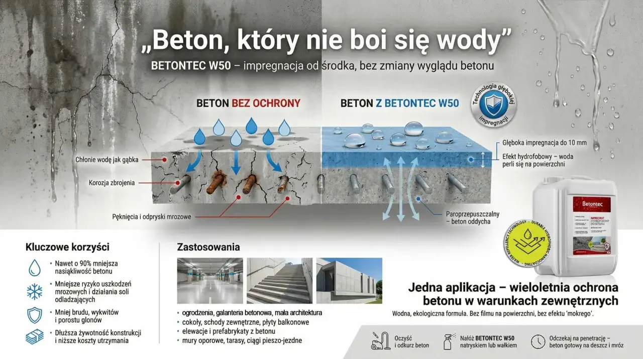 Chcesz wiedzieć, czym zabezpieczyć beton na zewnątrz? Betontec W50 to głęboka impregnacja hydrofobowa, która chroni beton przed wodą i mrozem.