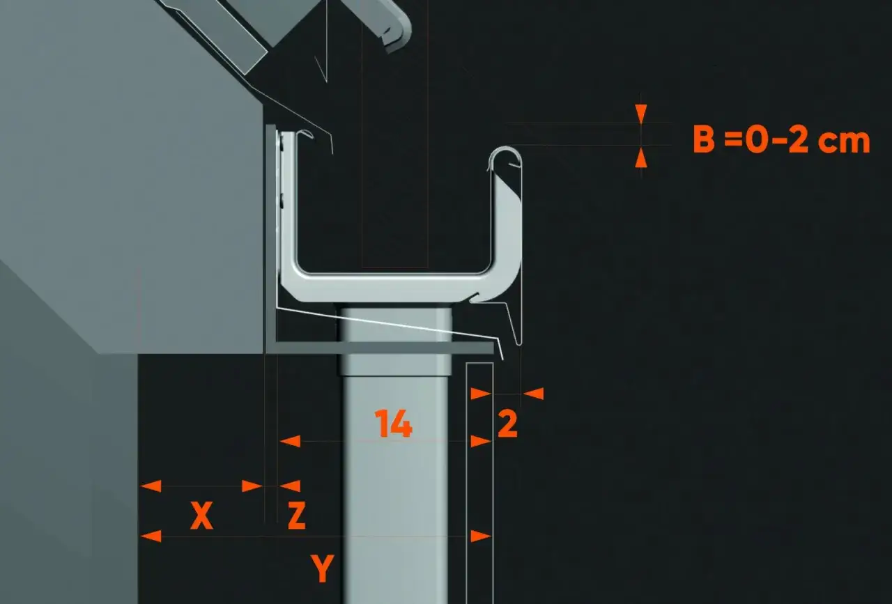 Schemat mocowania rury spustowej do ściany. Wymiary B=0-2 cm, X, Y, Z, 14, 2.