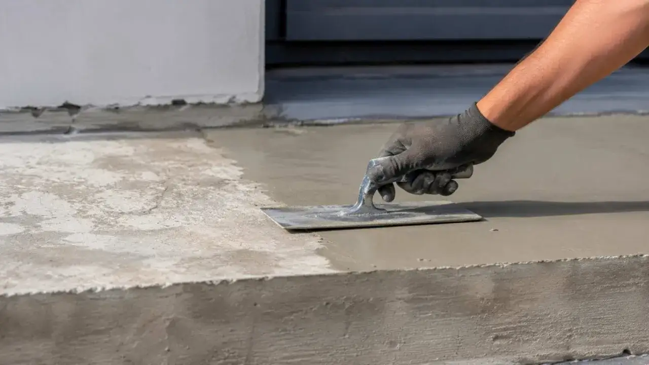 Ręka w rękawicy wyrównuje świeży beton kielnią. Idealne rozwiązanie, czym wyrównać beton na zewnątrz, by uzyskać gładką powierzchnię.