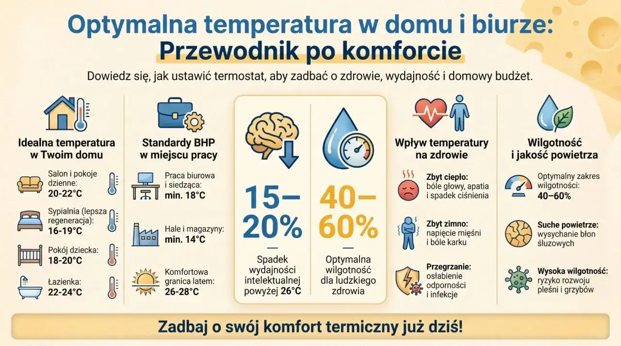 Przewodnik po komforcie: ile stopni w domu dla salonu (20-22°C), sypialni (16-19°C), pokoju dziecka (18-20°C) i łazienki (22-24°C).