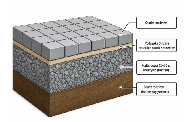 Warstwy nawierzchni: kostka brukowa, podsypka, podbudowa 15-30 cm z kruszywa, zagęszczony grunt rodzimy.